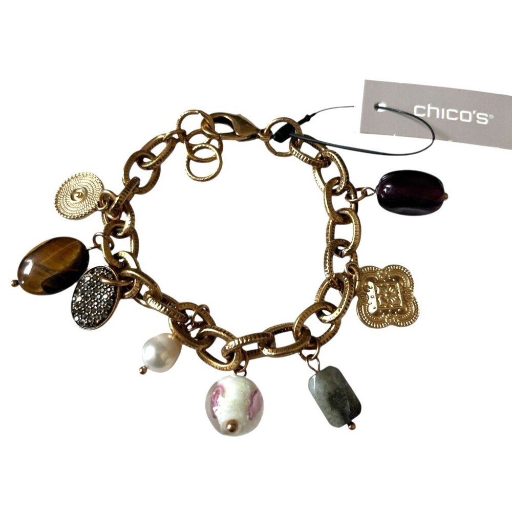 New Chico’s Charm Bracelet Adjustable Gold Tone Faux Pearl Thick Link 7-1/2"